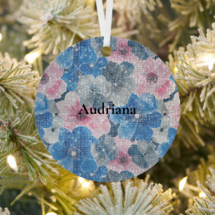 Pink Blue Flowers Sparkle Metal Tree Decoration