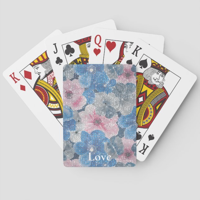 Pink Blue Flowers Sparkle Playing Cards (Back)