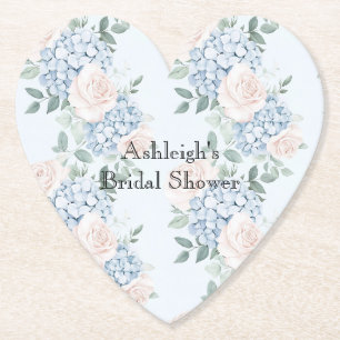 Pink Blue Flowers Stripes Bridal Shower Paper Coaster