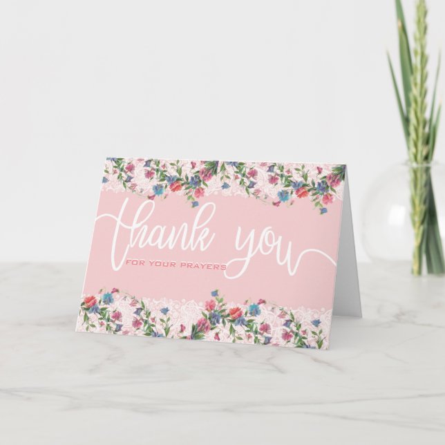 Pink Blue Flowers White Script Thank You Overlay Card (Front)