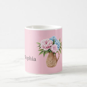 Pink Blue Flowers Woven Basket Coffee Mug