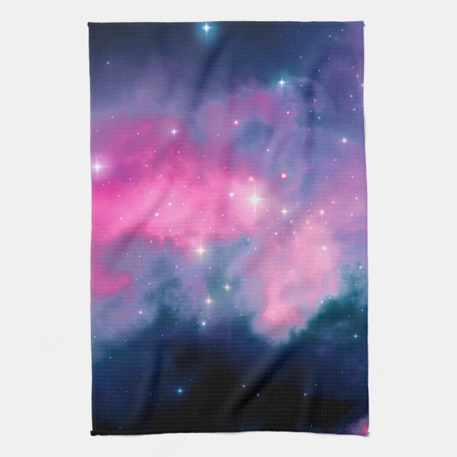 Pink & Blue Galaxy Nebula & Stars Abstract Tea Towel (Vertical)