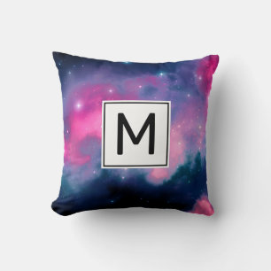 Pink & Blue Galaxy & Stars Abstract Monogram Cushion
