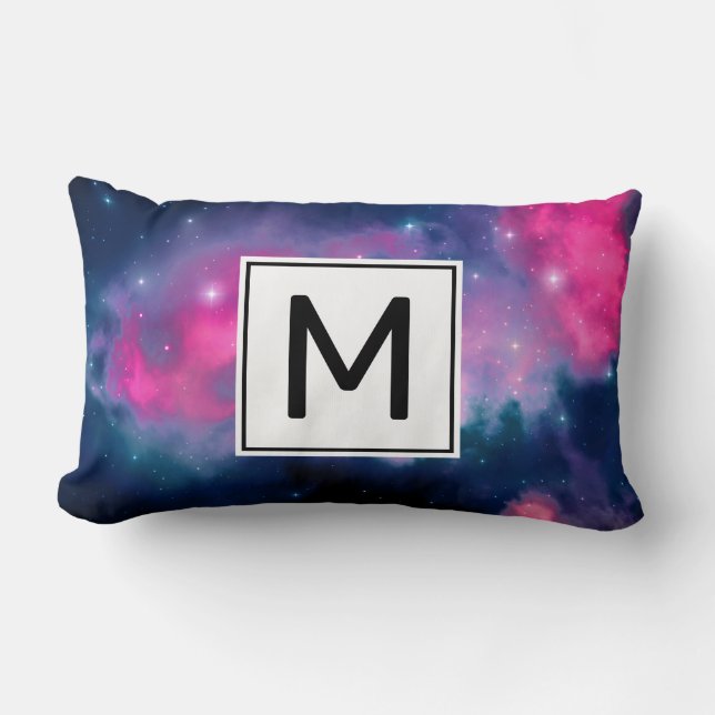 Pink & Blue Galaxy & Stars Abstract Monogram Lumbar Cushion (Front)