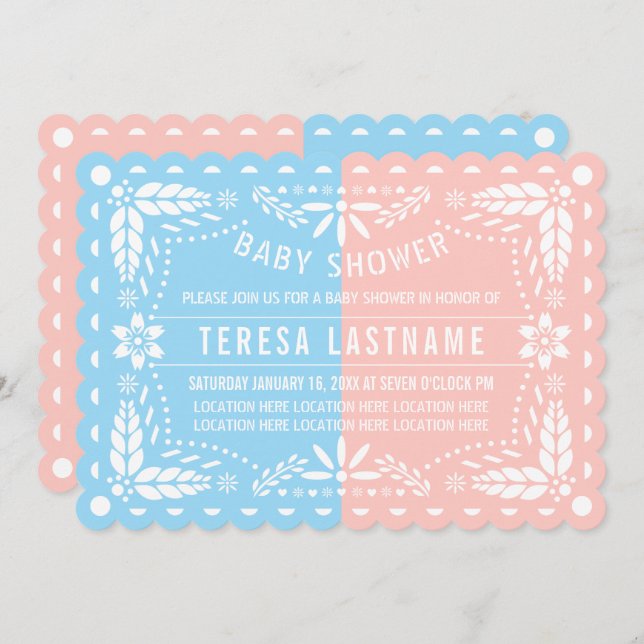 Pink, blue gender reveal papel picado baby shower invitation (Front/Back)