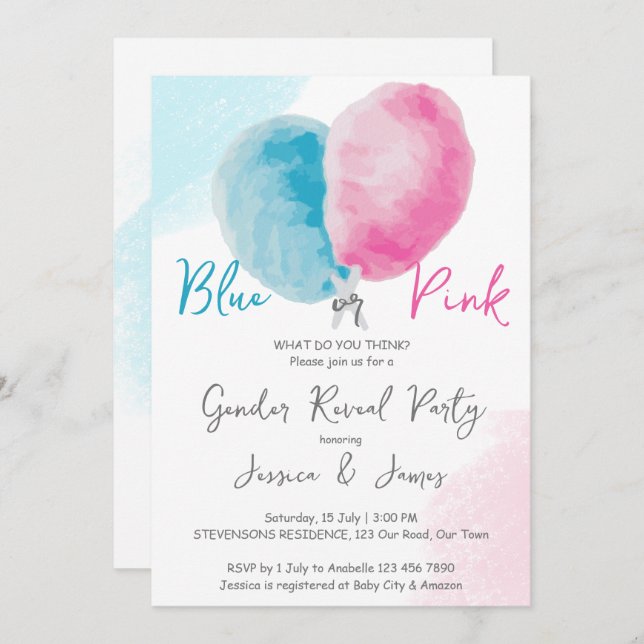 Pink blue gender reveal party invite blue or pink (Front/Back)