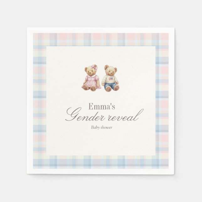 Pink Blue Gender reveal Teddy Bear Baby Shower  Napkin (Front)