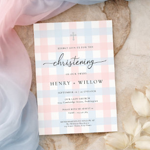 Pink Blue Gingham Christening Invitation