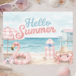 Pink Blue Gingham Hello Summer Beach Coastal Postcard