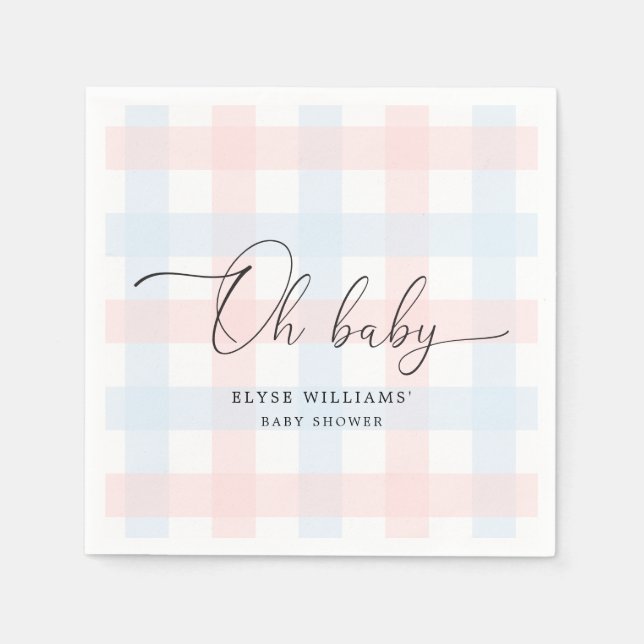 Pink Blue Gingham Oh Baby Paper Napkin (Front)