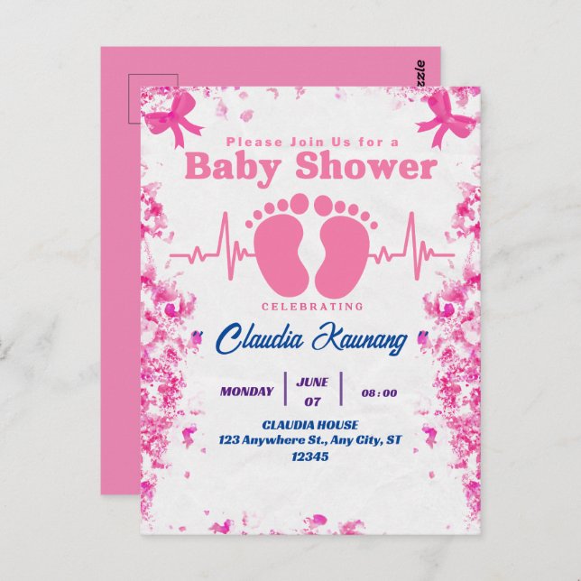 Pink & Blue Girl Baby Shower Postcard (Front/Back)