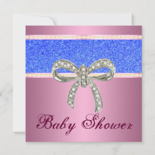 Pink Blue Glitter Diamond Bow Baby Shower Invite