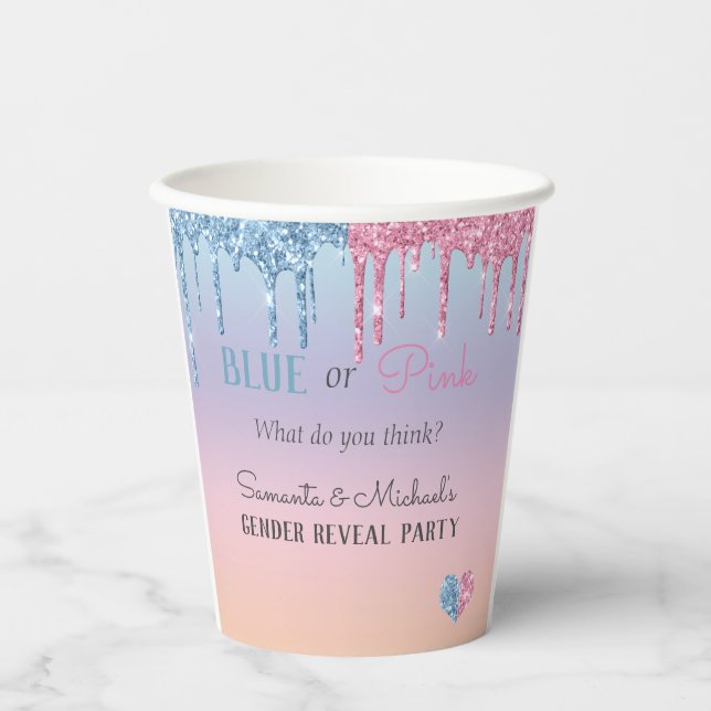 Pink Blue Glitter Drips Sparkle Glam Gender Reveal Paper Cups (Front)