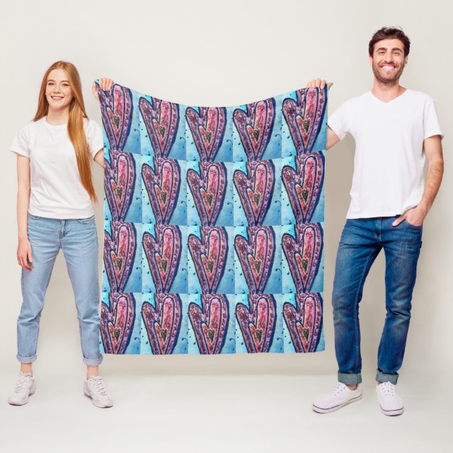Pink Blue Glitter Hearts Art Fleece Throw Blanket (In Situ)