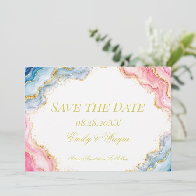 Pink Blue Gold Agate Wedding Save The Date (Standing Front)