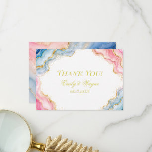 Pink Blue Gold Agate Wedding Thank You Card
