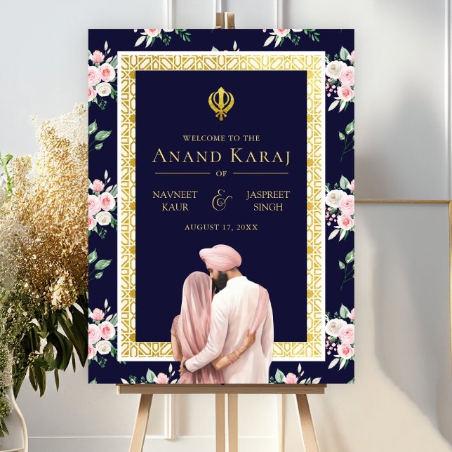 Pink Blue Gold Anand Karaj Wedding Welcome Sign (Creator Uploaded)