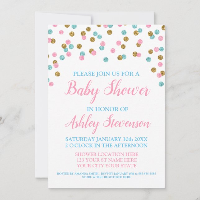 Pink Blue Gold Confetti Gender Neutral Baby Shower Invitation (Back)