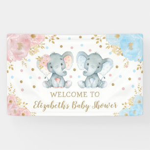 Pink Blue Gold Floral Elephant Twins Baby Shower Banner