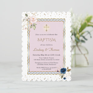 Pink Blue Gold Flowers Cross Twins Baptism   Invitation