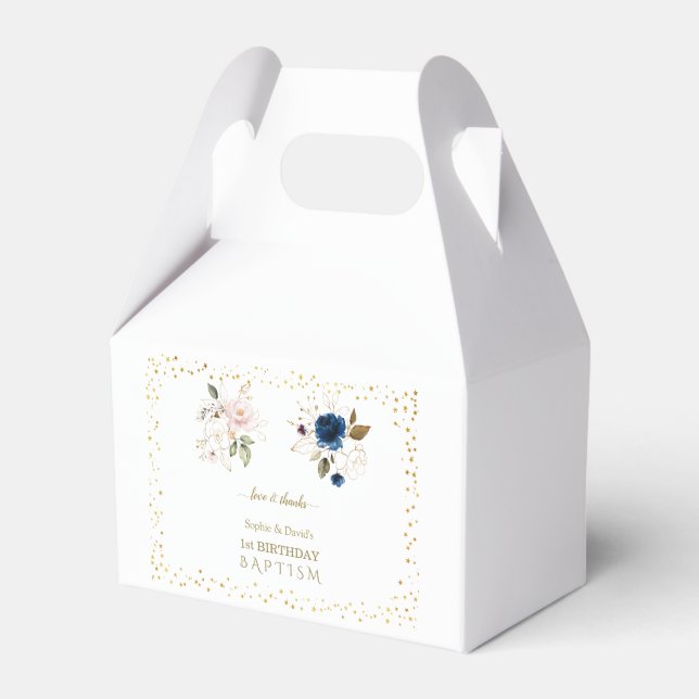 Pink Blue Gold Flowers Twins 1st Birthday Baptism Favour Box (Front Side)