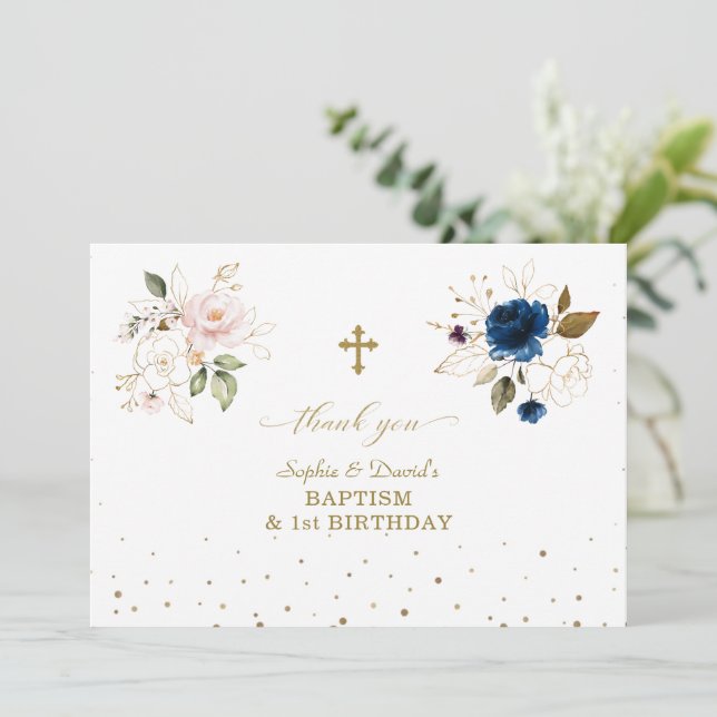 Pink Blue Gold Flowers Twins 1st Birthday Baptism Thank You Card (Standing Front)