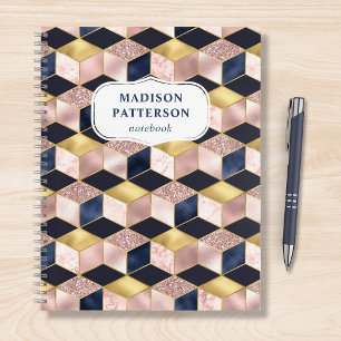 Pink Blue Gold Geometric Glitter Pattern Name Notebook