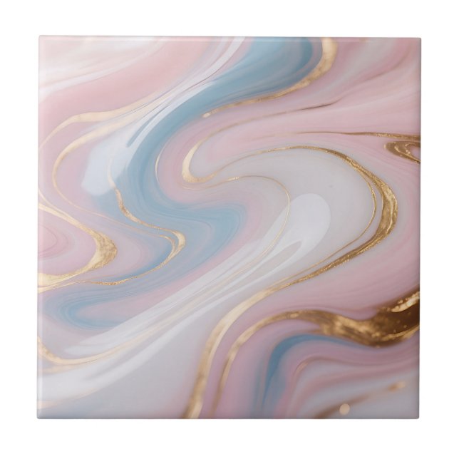 Pink Blue Gold Marble Swirl Abstract Ceramic Tile (Front)