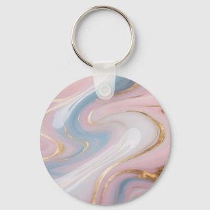 Pink Blue Gold Marble Swirl Abstract Key Ring
