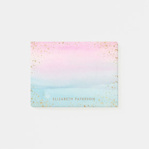 Pink Blue Gold Ombre Watercolor   Add Name Post-it Notes