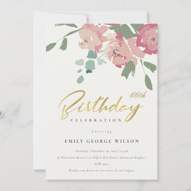 PINK BLUE GOLD PEONY FLORAL ANY AGE BIRTHDAY INVITATION (Front)