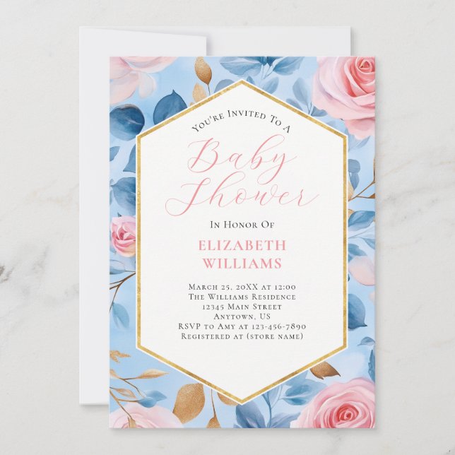 Pink Blue Gold Roses Baby Shower Invitation (Front)