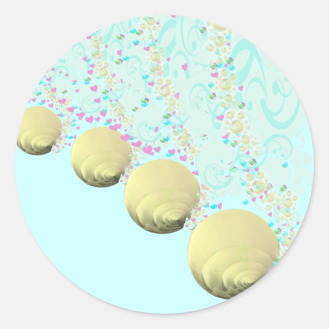 Pink Blue Gold Seashell Beach Wedding Classic Round Sticker (Front)