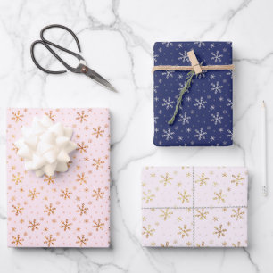 Pink Blue Gold Snowflake Pattern Christmas Wrapping Paper Sheet