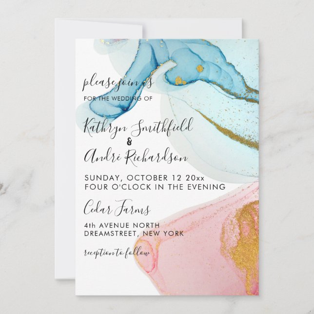 Pink Blue Gold Watercolor Wedding Invitation (Front)