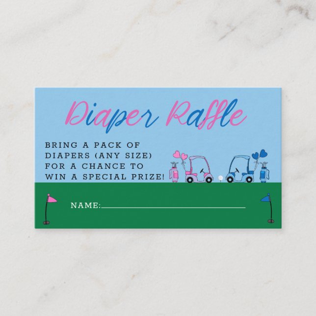 Pink Blue Golf Gender Reveal Diaper Raffle Ticket Enclosure Card (Front)