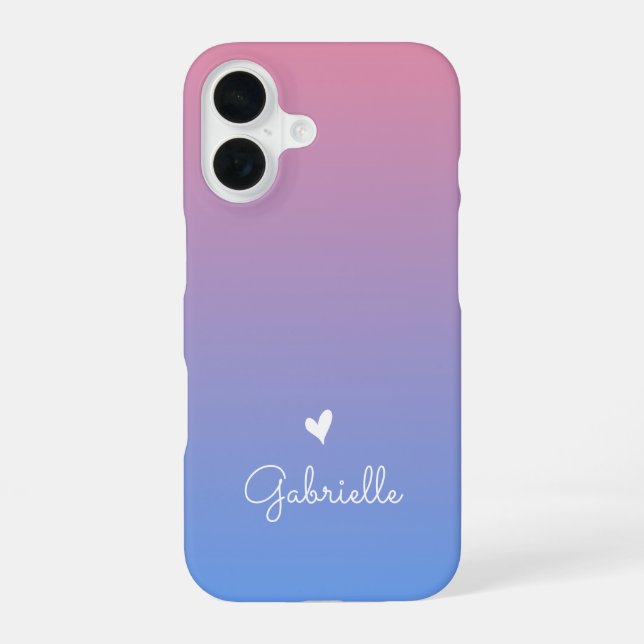 Pink Blue Gradient Heart with Minimal Script Name iPhone 16 Case (Back)