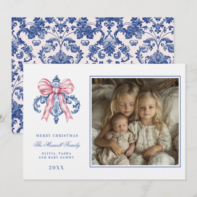 Pink & Blue Grandmillennial Damask Ornament  Photo Invitation (Front/Back)