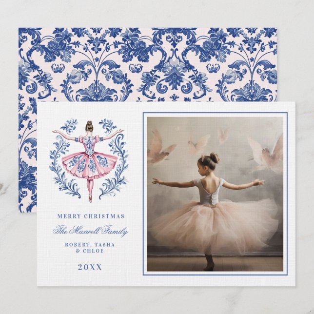 Pink & Blue Grandmillennial Damask Ornament Photo Invitation (Front/Back)