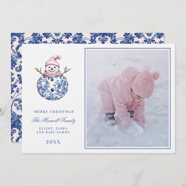 Pink & Blue Grandmillennial Damask Snowman  Photo Invitation (Front/Back)