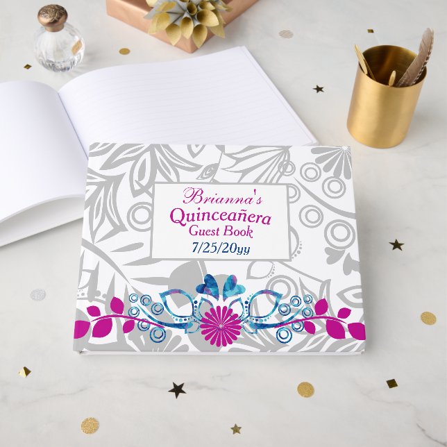 Pink, Blue, Gray Quinceañera Guest Book (Front Open)