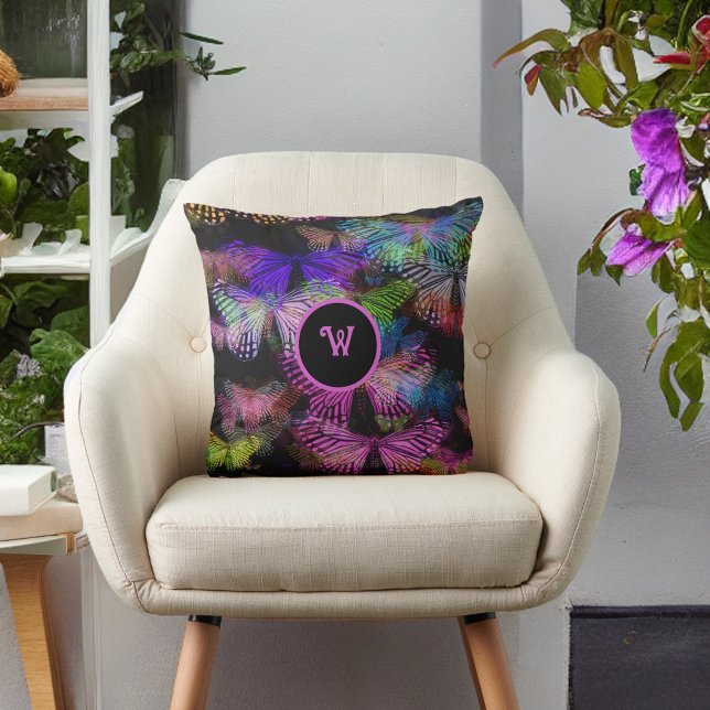 Pink Blue Green Black Butterfly Whispers Initial Cushion (Creator Uploaded)