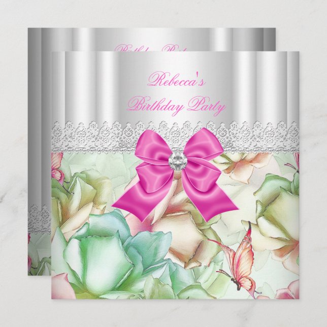 Pink Blue Green Floral Lace Birthday Party Invitation (Front/Back)