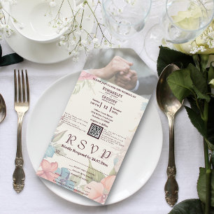 Pink Blue Green  Floral QR Code Photo All In One Invitation