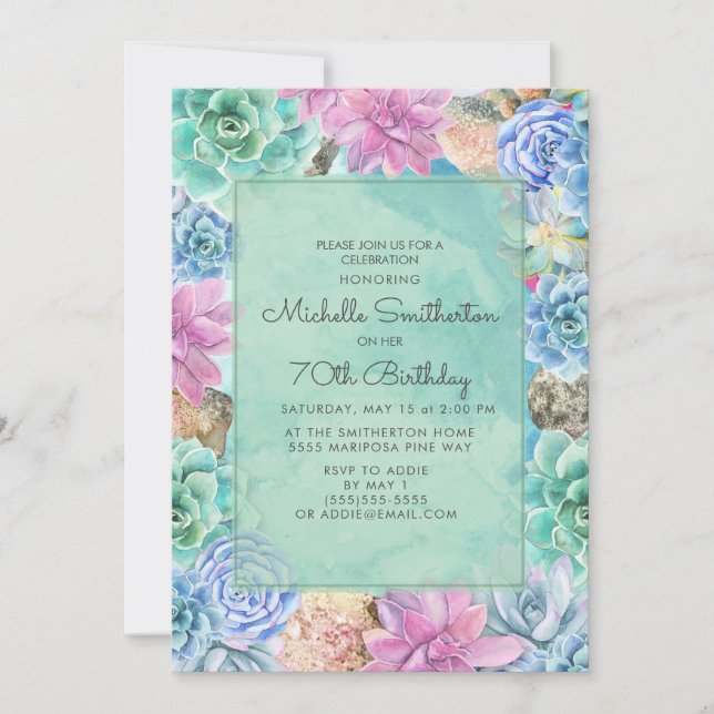 Pink Blue Green Floral Succulents 70th Birthday Invitation (Front)