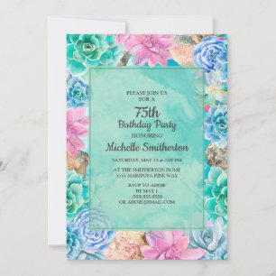 Pink Blue Green Floral Succulents 75th Birthday Invitation