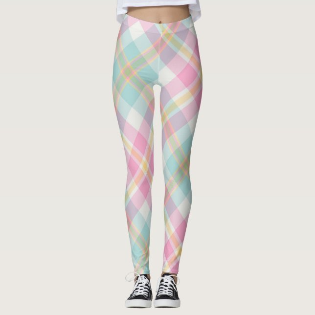 Pink, Blue, Green & Golden Plaid Pattern Leggings (Front)