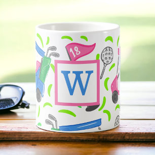 Pink Blue Green Golf Preppy Initial Coffee Mug