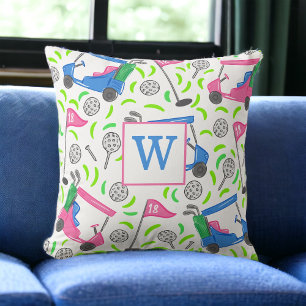 Pink Blue Green Golf Preppy Initial Cushion