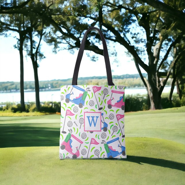 Pink Blue Green Golf Preppy Initial Tote Bag (Creator Uploaded)